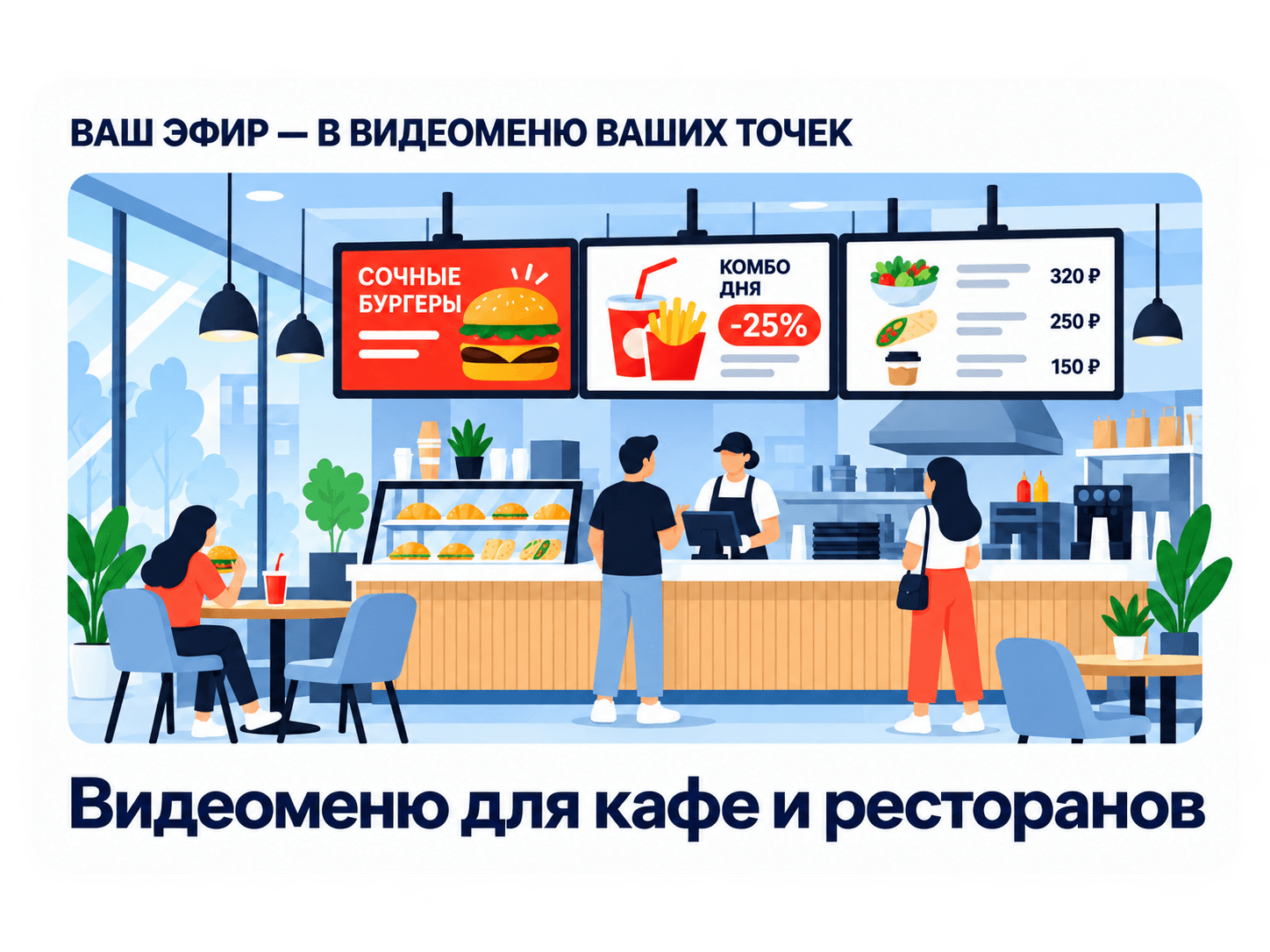 Блюда, цены и акции на экранах меню в кафе.